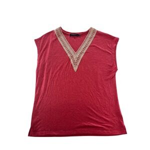 Merokeety Womens Red Crochet Lace V Neck Sleeveless Cap Sleeve Top Size M